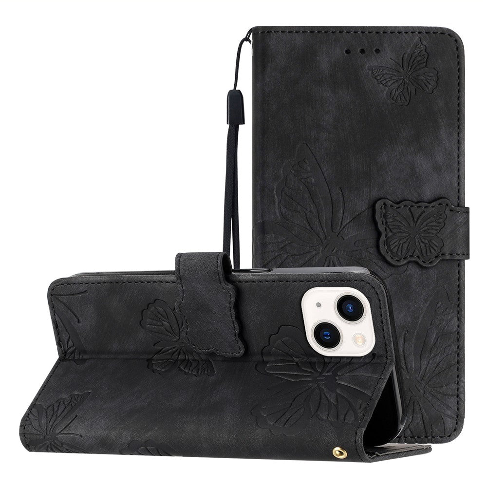 PU Leather Shell for iPhone 13 mini 5.4 inch Stand Wallet Case Butterfly Imprinted Skin-touch Phone Cover