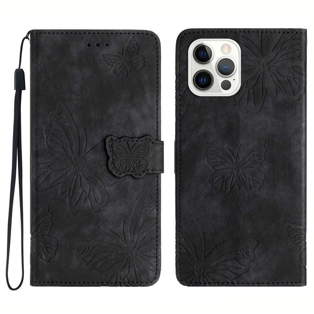 For iPhone 12 / 12 Pro 6.1 inch Skin-touch PU Leather Stand Wallet Case Butterfly Imprinted Phone Cover