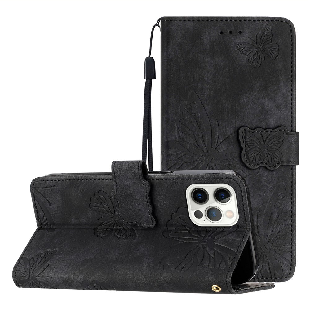 For iPhone 12 / 12 Pro 6.1 inch Skin-touch PU Leather Stand Wallet Case Butterfly Imprinted Phone Cover