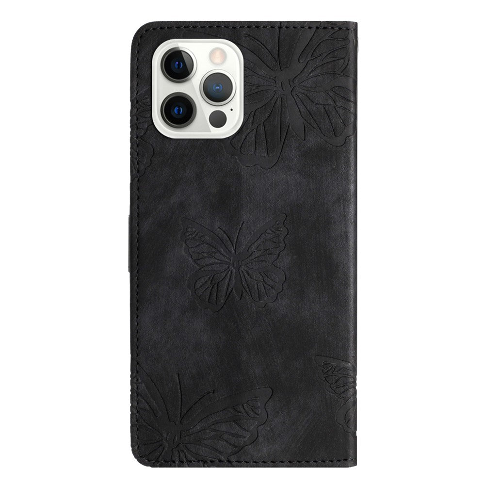 For iPhone 12 / 12 Pro 6.1 inch Skin-touch PU Leather Stand Wallet Case Butterfly Imprinted Phone Cover