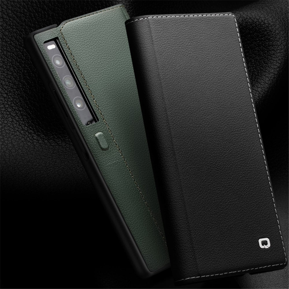 QIALINO För Huawei Mate Xs 2 Äkta Koläder Flipfodral Stativ Magnetiskt Fullt Skyddande mobilfodral
