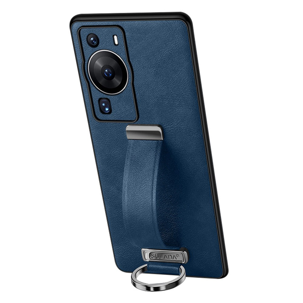 SULADA Fashion Series för Huawei P60 Pro Crazy Horse Texture Bakstycke Infällbart Rem Stöd Läderbelagt PC + TPU mobilskal