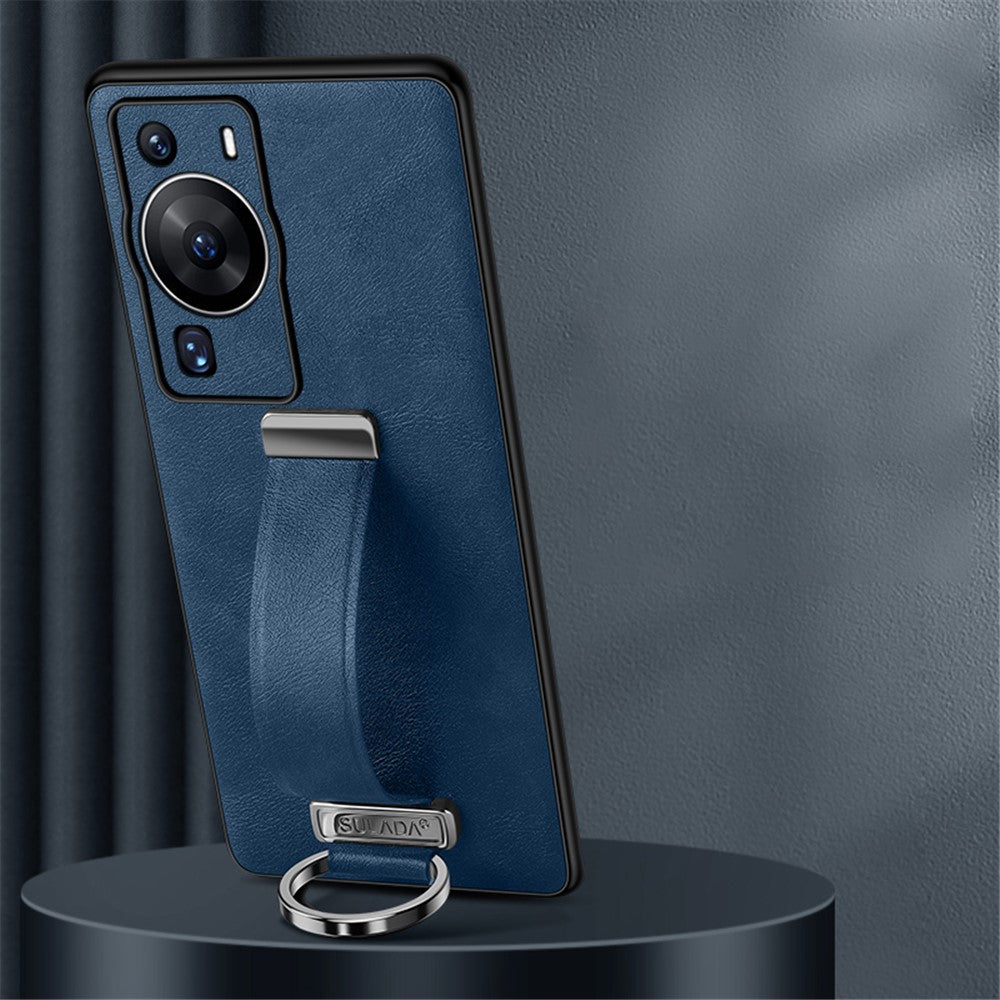 SULADA Fashion Series för Huawei P60 Pro Crazy Horse Texture Bakstycke Infällbart Rem Stöd Läderbelagt PC + TPU mobilskal
