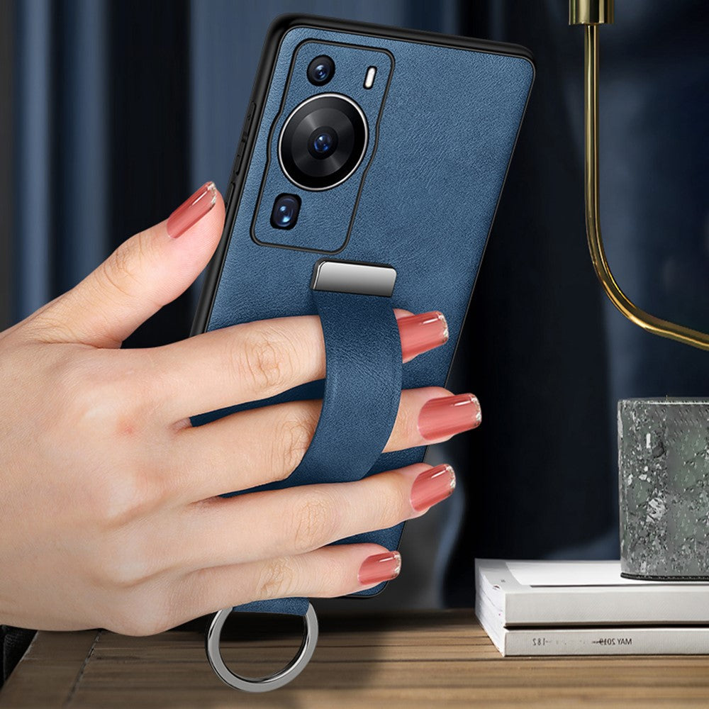 SULADA Fashion Series för Huawei P60 Pro Crazy Horse Texture Bakstycke Infällbart Rem Stöd Läderbelagt PC + TPU mobilskal