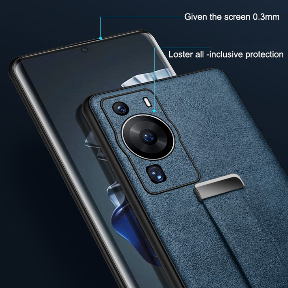 SULADA Fashion Series för Huawei P60 Pro Crazy Horse Texture Bakstycke Infällbart Rem Stöd Läderbelagt PC + TPU mobilskal