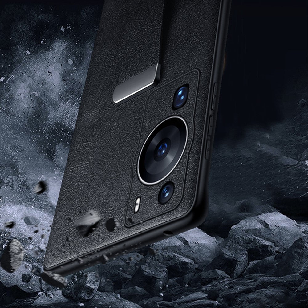 SULADA Fashion Series för Huawei P60 Pro Crazy Horse Texture Bakstycke Infällbart Rem Stöd Läderbelagt PC + TPU mobilskal