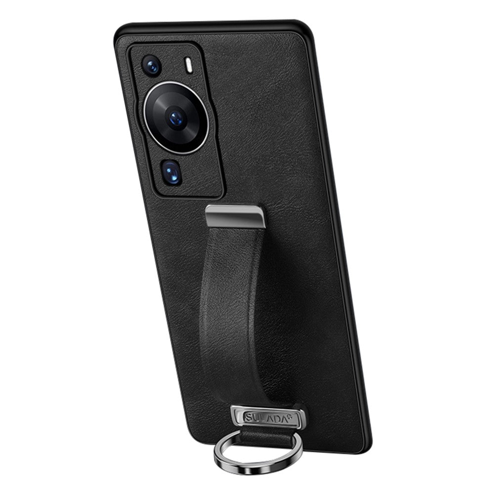 SULADA Fashion Series för Huawei P60 Pro Crazy Horse Texture Bakstycke Infällbart Rem Stöd Läderbelagt PC + TPU mobilskal