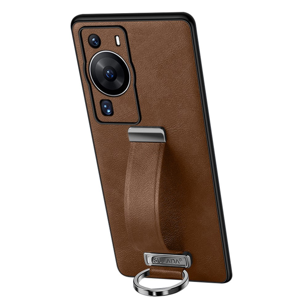 SULADA Fashion Series för Huawei P60 Pro Crazy Horse Texture Bakstycke Infällbart Rem Stöd Läderbelagt PC + TPU mobilskal