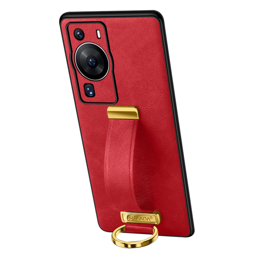 SULADA Fashion Series för Huawei P60 Pro Crazy Horse Texture Bakstycke Infällbart Rem Stöd Läderbelagt PC + TPU mobilskal