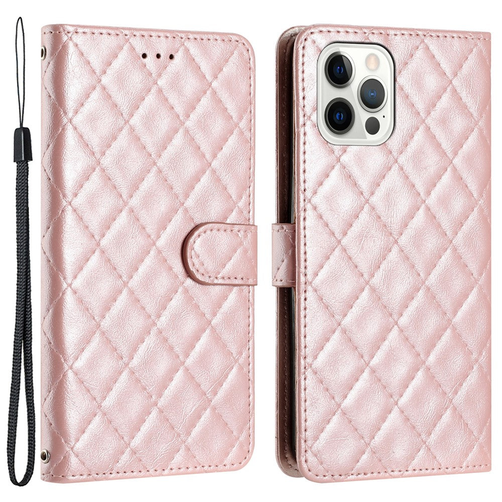 For iPhone 12 / 12 Pro PU Leather Phone Cover Wallet Stand Stitching Line Rhombus Texture Phone Case