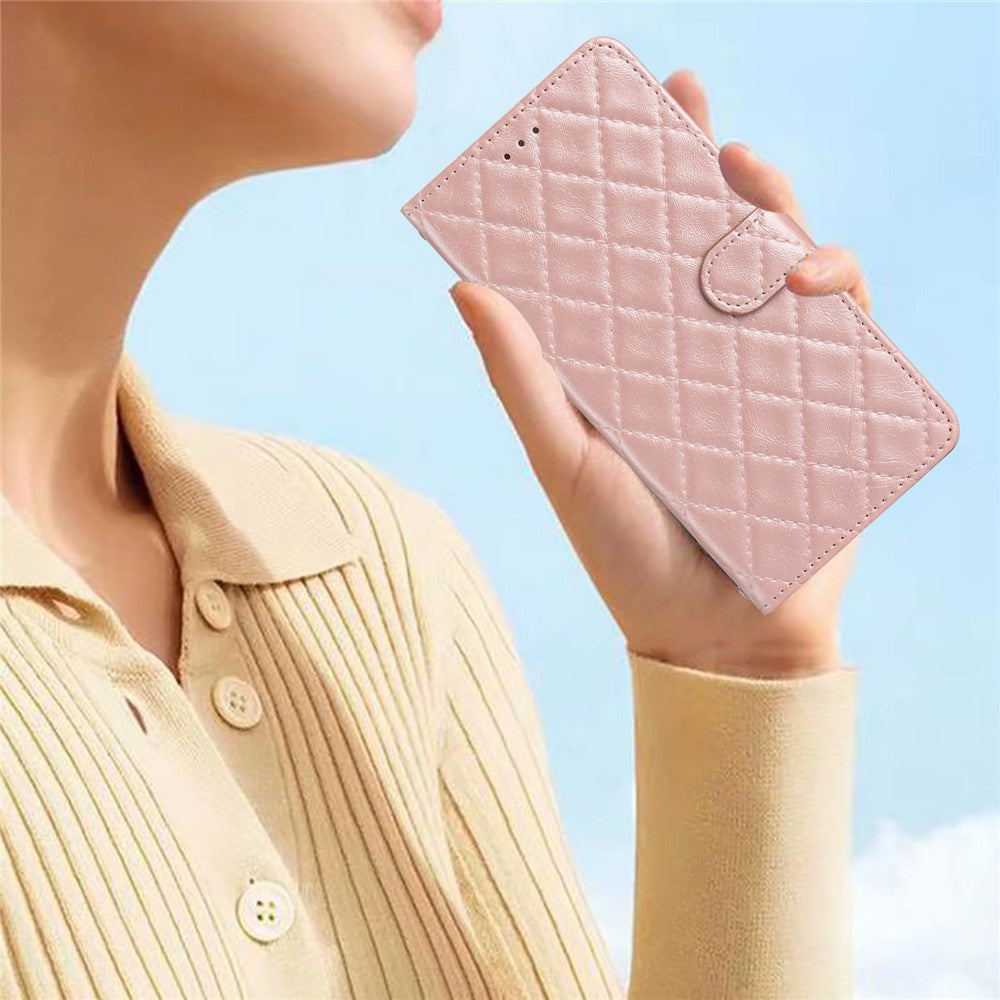 For iPhone 12 / 12 Pro PU Leather Phone Cover Wallet Stand Stitching Line Rhombus Texture Phone Case