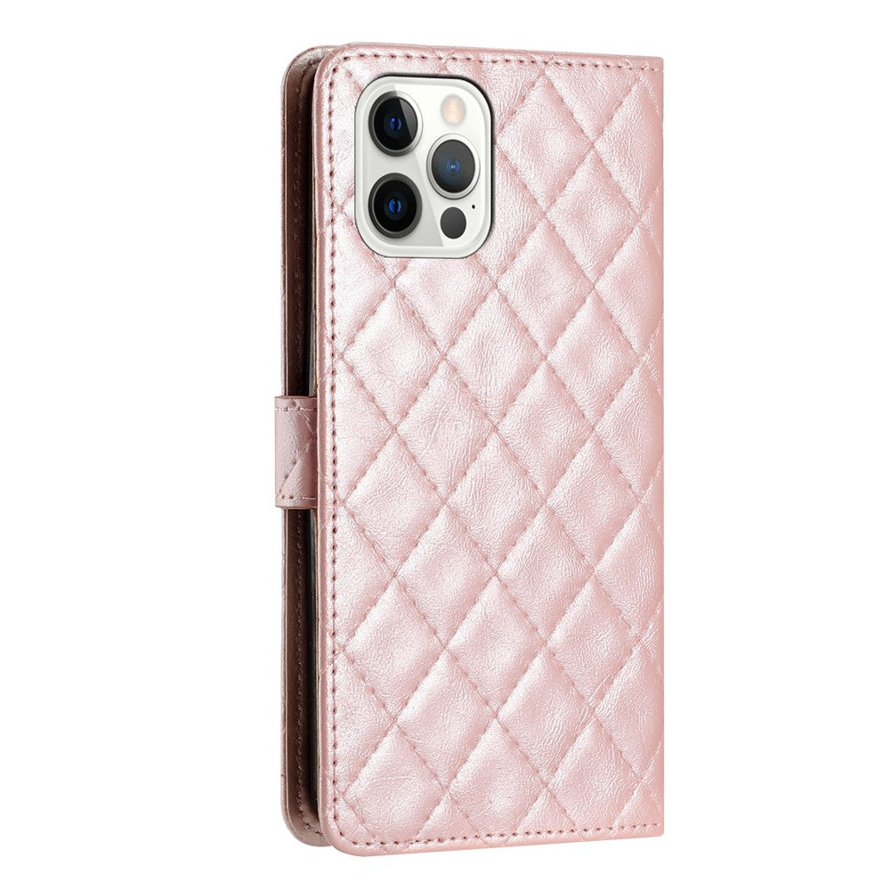 For iPhone 12 / 12 Pro PU Leather Phone Cover Wallet Stand Stitching Line Rhombus Texture Phone Case
