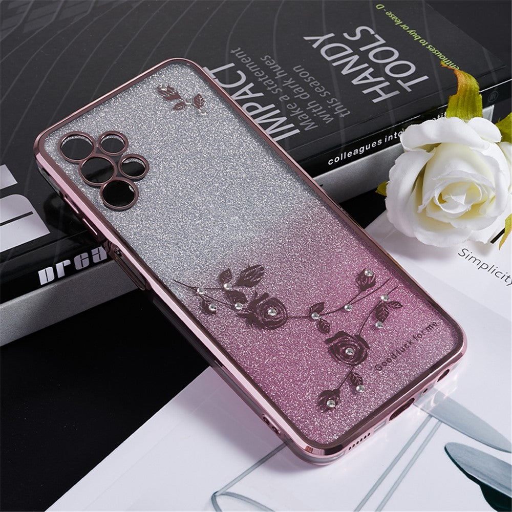KADEM TPU-bagcover til Samsung Galaxy A13 4G, gradient glitter med blomstermønster og rhinsten
