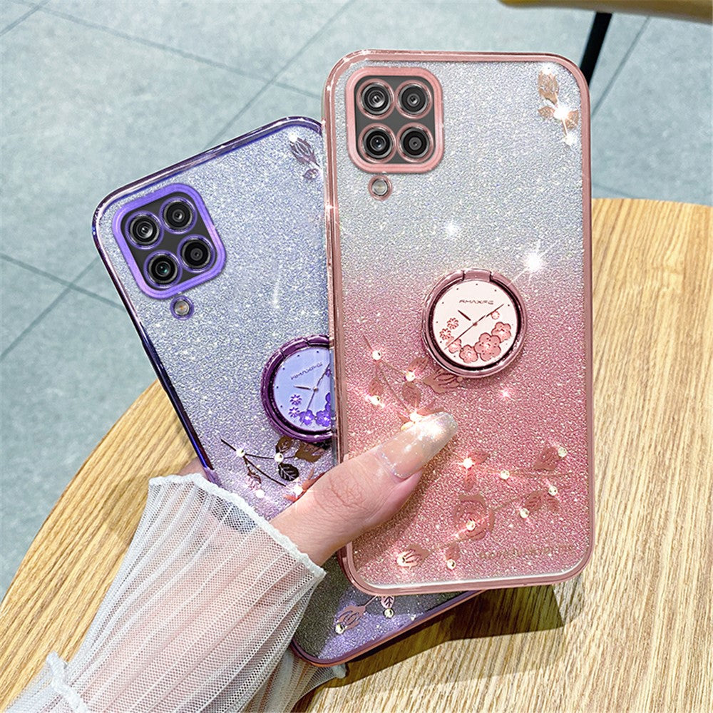 KADEM Gradient Glitter Soft TPU-cover til Samsung Galaxy A12 med blomstermønster og ringstativ