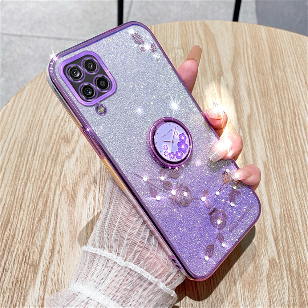 KADEM Gradient Glitter Soft TPU-cover til Samsung Galaxy A12 med blomstermønster og ringstativ