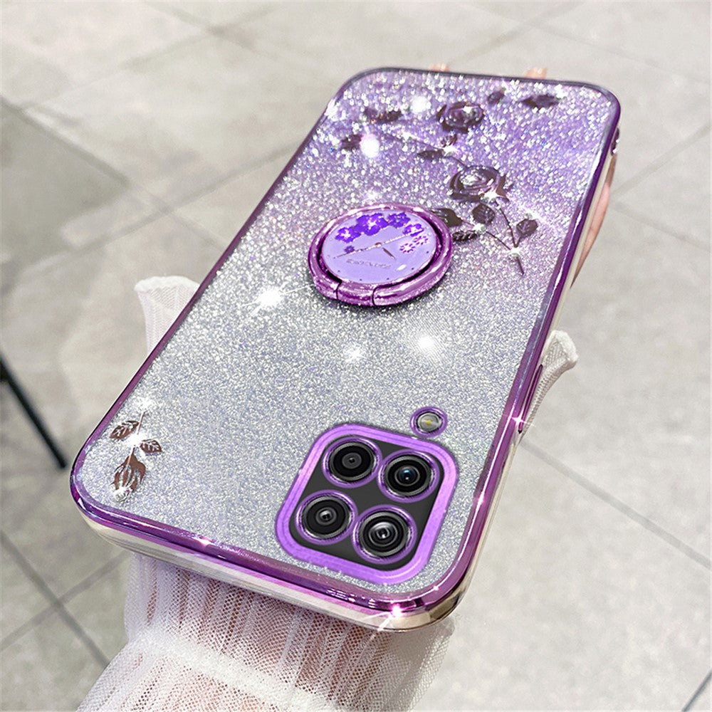 KADEM Gradient Glitter Soft TPU-cover til Samsung Galaxy A12 med blomstermønster og ringstativ
