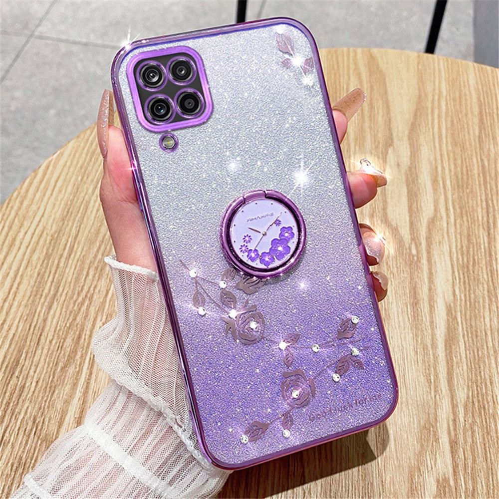 KADEM Gradient Glitter Soft TPU-cover til Samsung Galaxy A12 med blomstermønster og ringstativ