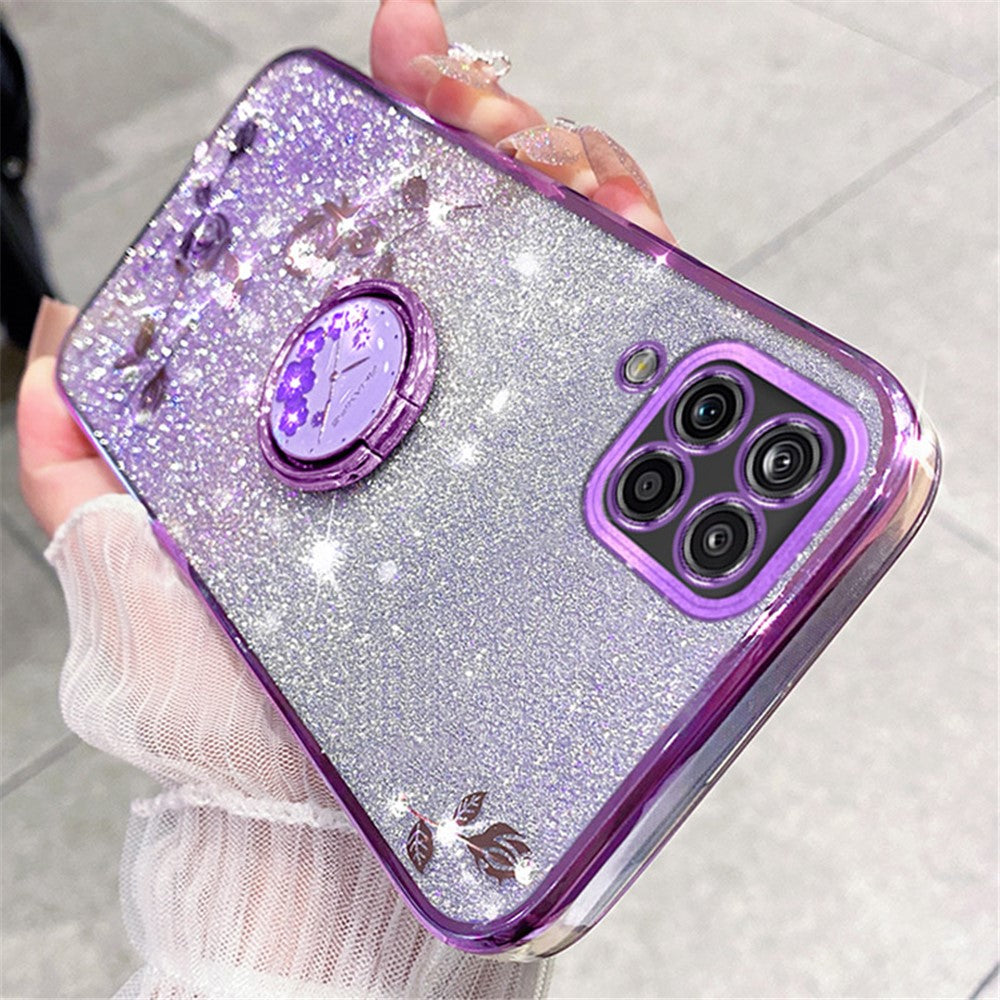 KADEM Gradient Glitter Soft TPU-cover til Samsung Galaxy A12 med blomstermønster og ringstativ