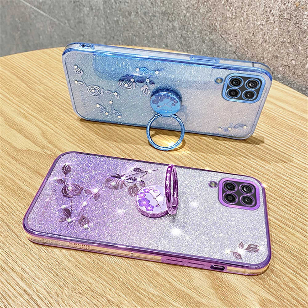 KADEM Gradient Glitter Soft TPU-cover til Samsung Galaxy A12 med blomstermønster og ringstativ
