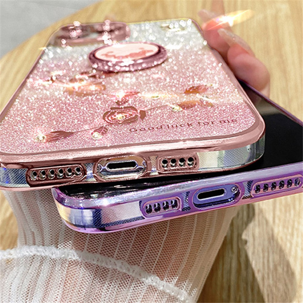 KADEM Gradient Glitter Soft TPU-cover til Samsung Galaxy A12 med blomstermønster og ringstativ