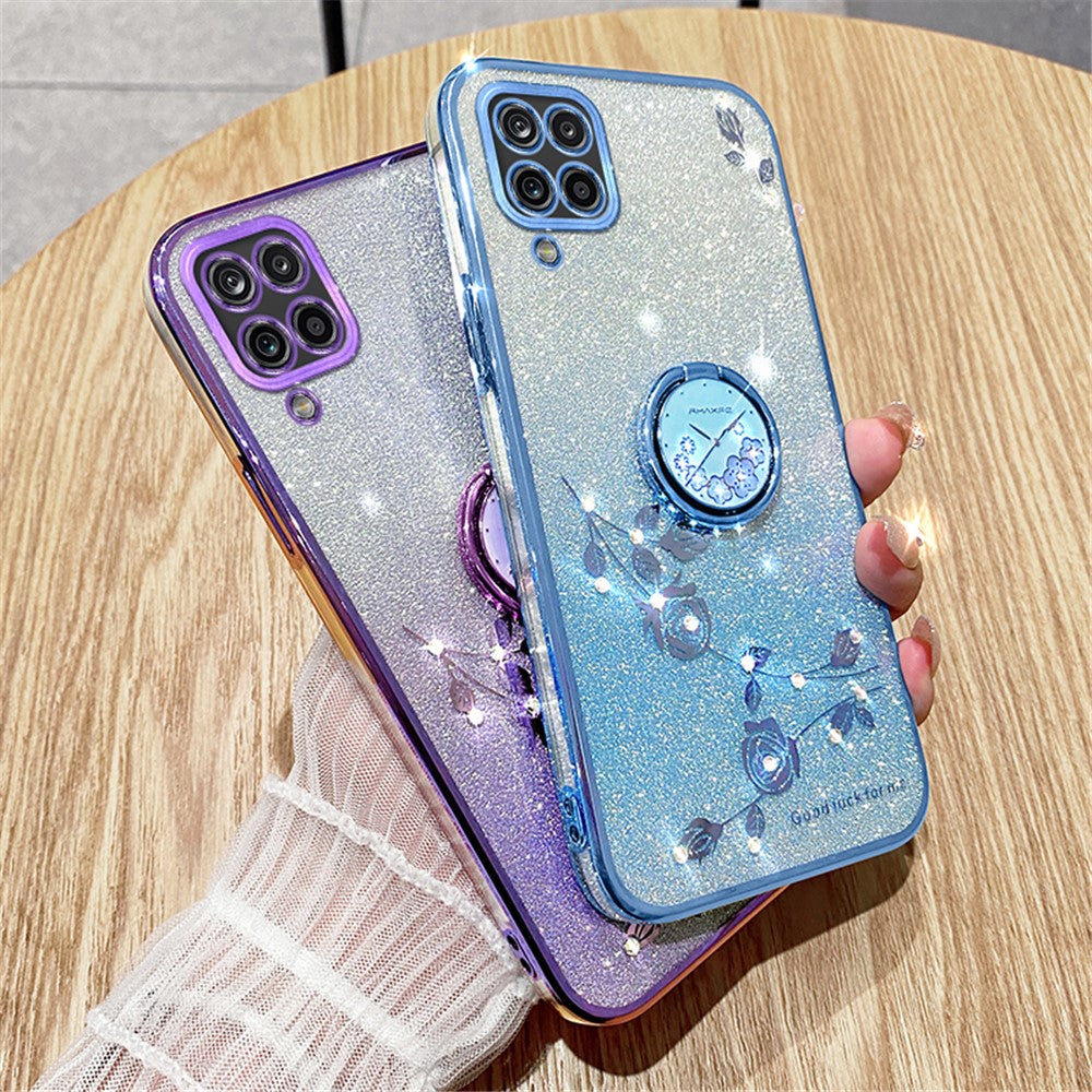 KADEM Gradient Glitter Soft TPU-cover til Samsung Galaxy A12 med blomstermønster og ringstativ