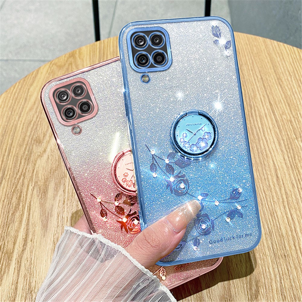 KADEM Gradient Glitter Soft TPU-cover til Samsung Galaxy A12 med blomstermønster og ringstativ