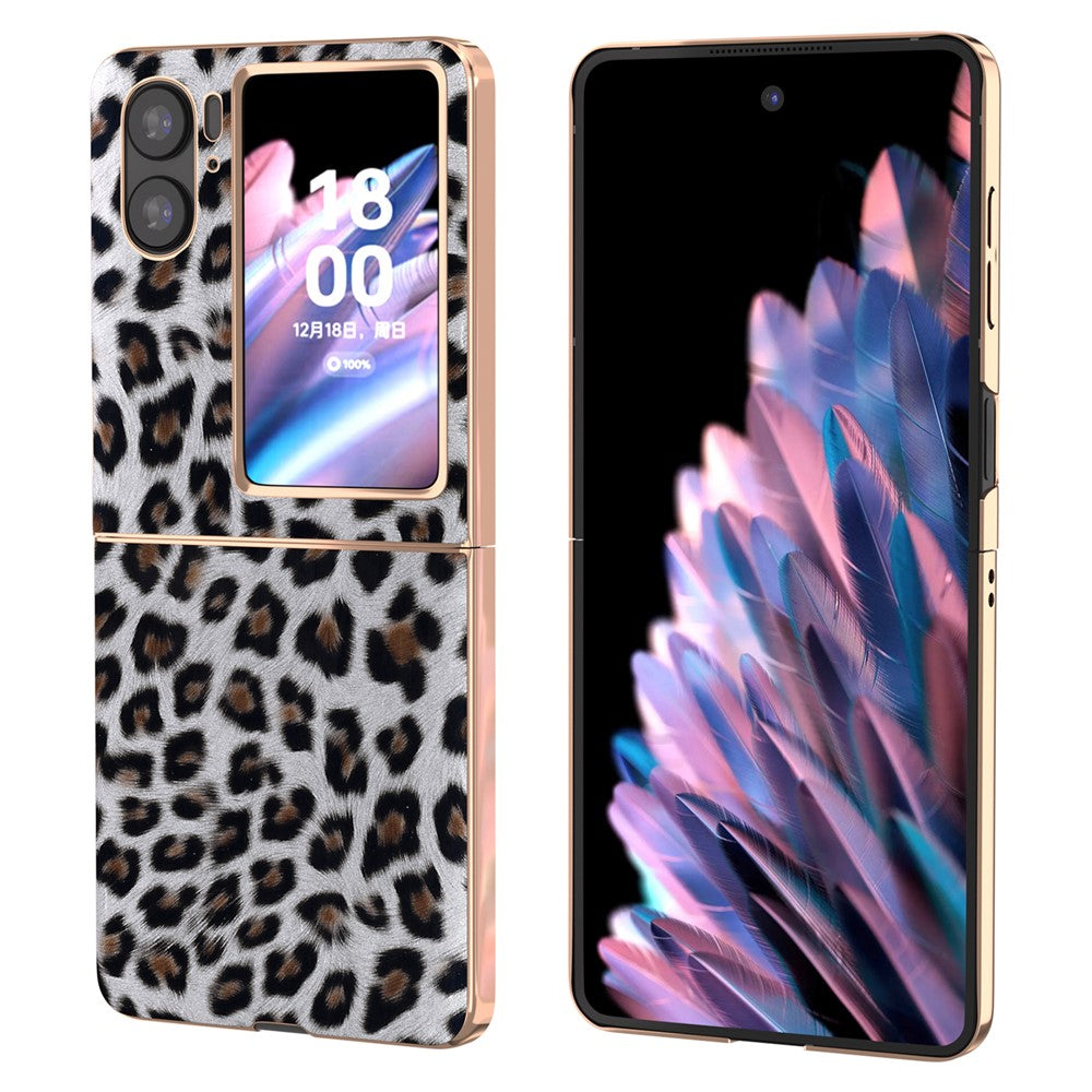 Electroplating Phone Case for Oppo Find N2 Flip 5G , Leopard Pattern Hard PC+PU Leather Phone Cover