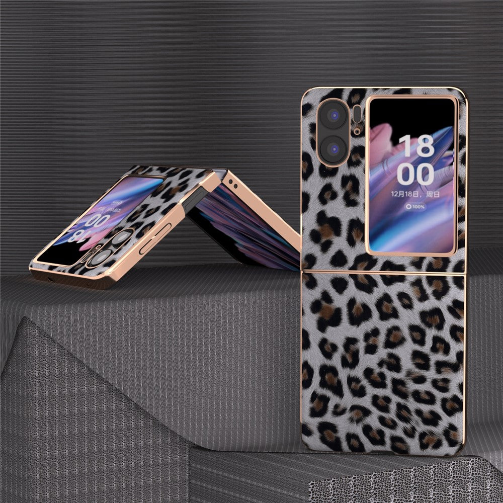 Electroplating Phone Case for Oppo Find N2 Flip 5G , Leopard Pattern Hard PC+PU Leather Phone Cover