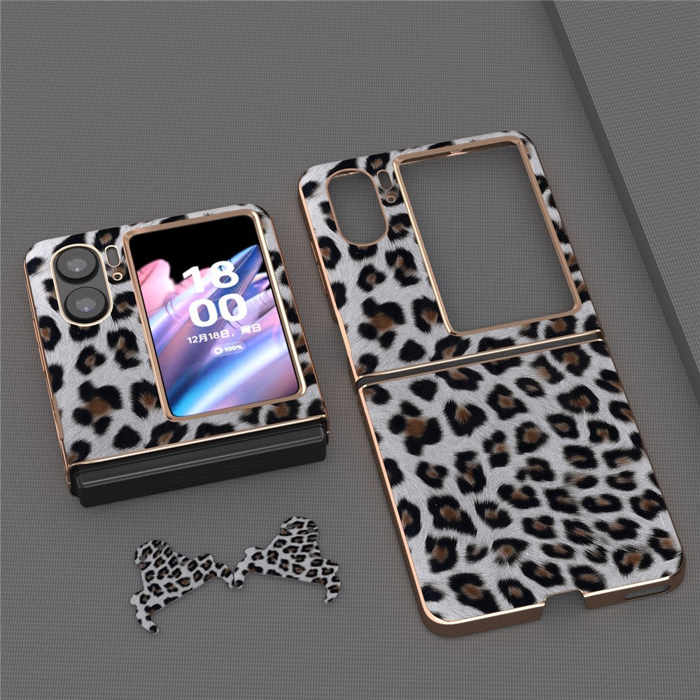 Electroplating Phone Case for Oppo Find N2 Flip 5G , Leopard Pattern Hard PC+PU Leather Phone Cover