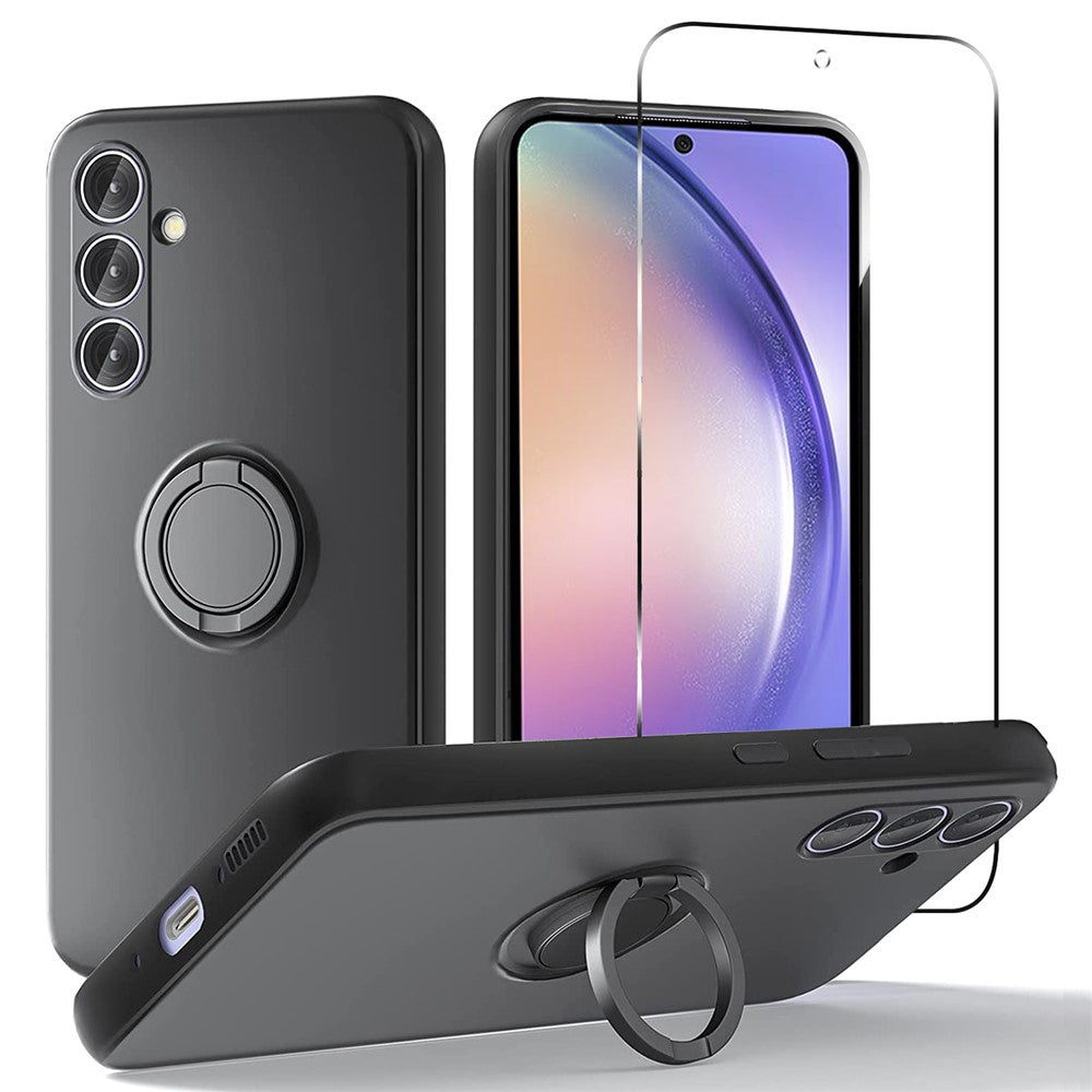 For Samsung Galaxy A54 5G Kickstand Liquid Silicone Phone Case with 2.5D Arc Edge Tempered Glass Screen Film