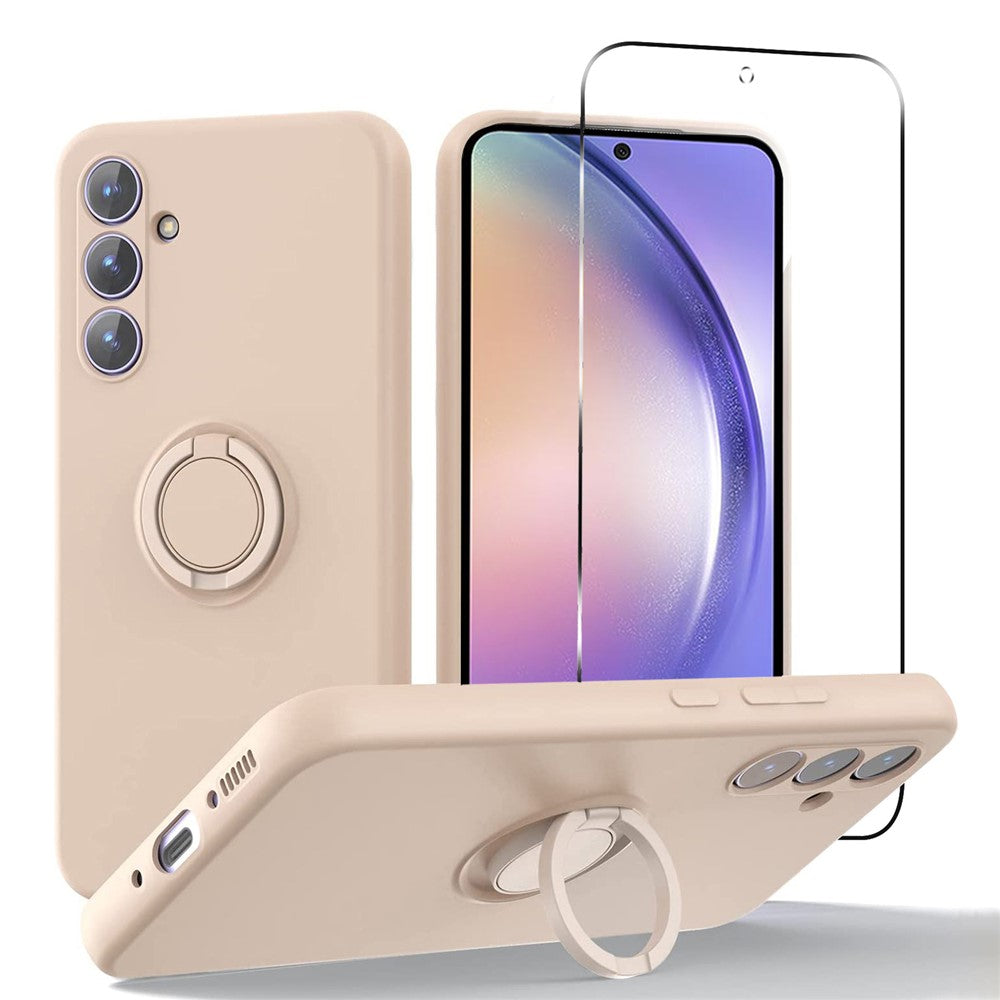 For Samsung Galaxy A54 5G Kickstand Liquid Silicone Phone Case with 2.5D Arc Edge Tempered Glass Screen Film