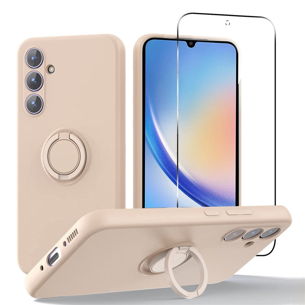 For Samsung Galaxy A34 5G Liquid Silicone Case Kickstand Phone Cover with 2.5D Arc Edge Tempered Glass Screen Film