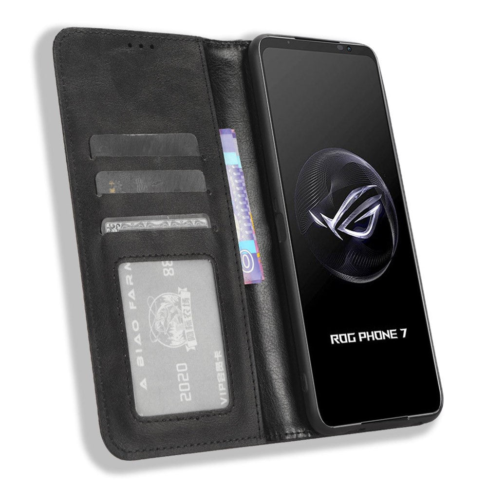 Til Asus ROG Phone 7 5G Retro PU-lædercover, stander, pung, magnetisk lukning mobiltelefonetui