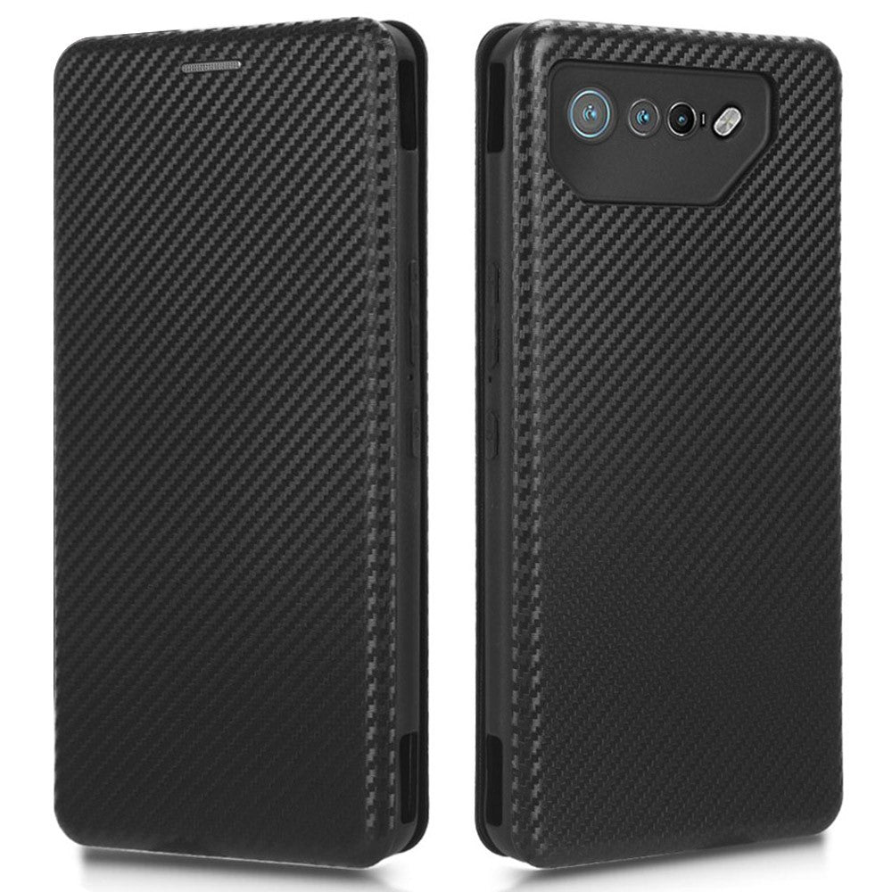 Stand Cover for Asus ROG Phone 7 5G / 7 Ultimate 5G Carbon Fiber Texture Card Slot PU Leather Phone Case