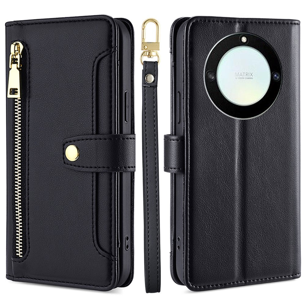 For Honor X40 5G / X9a 5G / Magic5 Lite 5G Leather Wallet Cover Zipper Pocket Phone Stand Case with 2 Straps