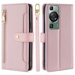 Wallet Cover for Huawei P60 / P60 Pro Zipper Pocket Anti-Scratch Leather Phone Stand Case with 2 Straps