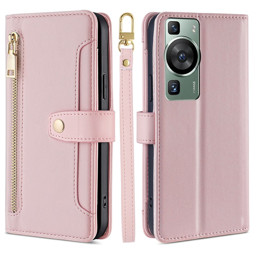 Wallet Cover for Huawei P60 / P60 Pro Zipper Pocket Anti-Scratch Leather Phone Stand Case with 2 Straps