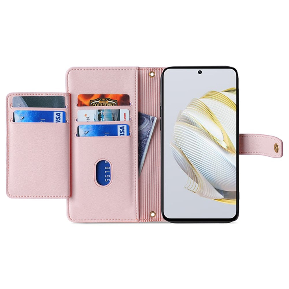 Wallet Cover for Huawei P60 / P60 Pro Zipper Pocket Anti-Scratch Leather Phone Stand Case with 2 Straps