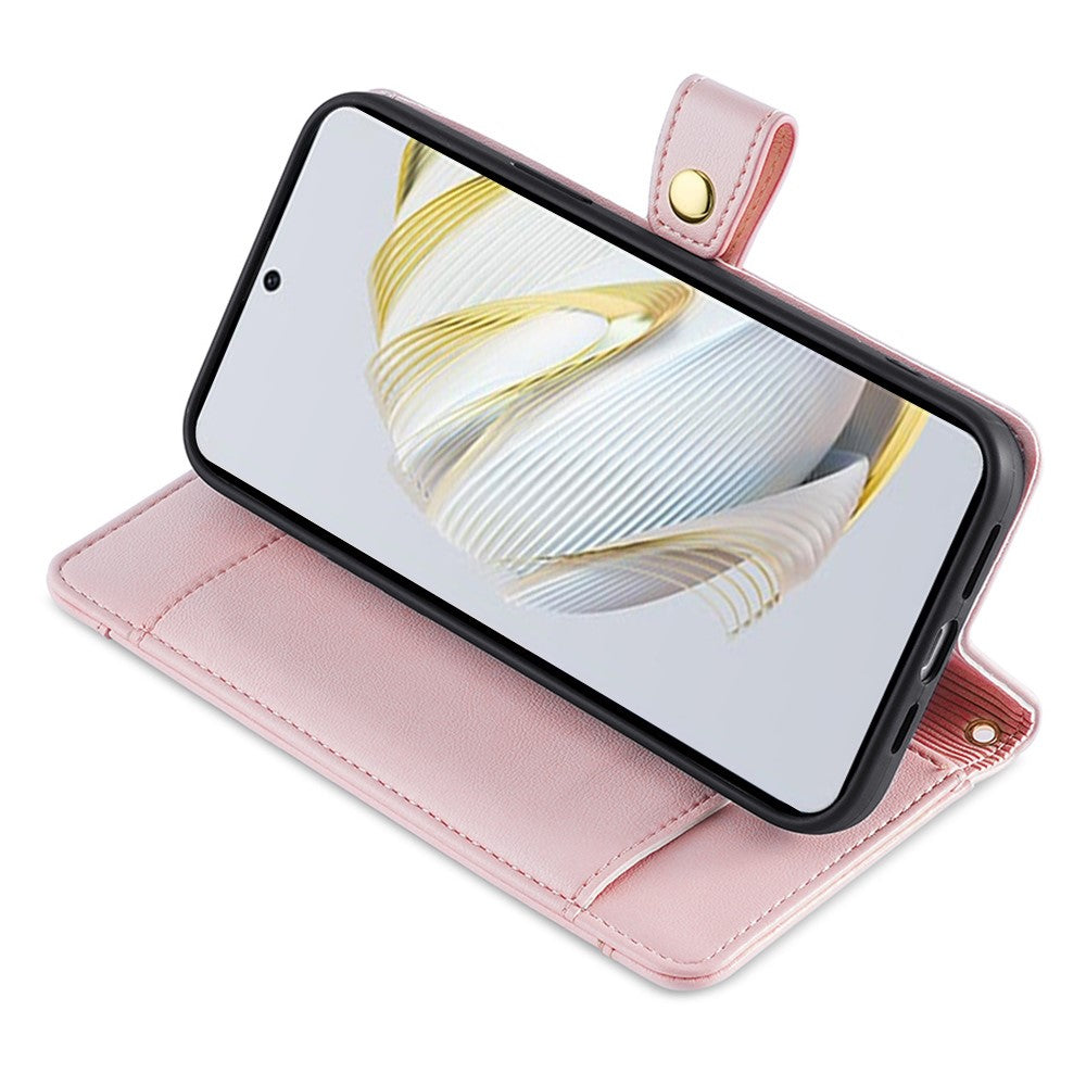 Wallet Cover for Huawei P60 / P60 Pro Zipper Pocket Anti-Scratch Leather Phone Stand Case with 2 Straps
