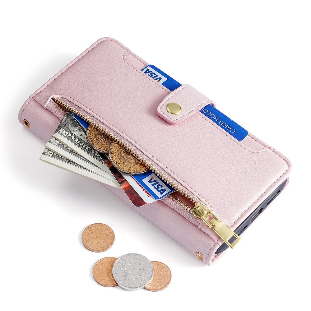 Wallet Cover for Huawei P60 / P60 Pro Zipper Pocket Anti-Scratch Leather Phone Stand Case with 2 Straps