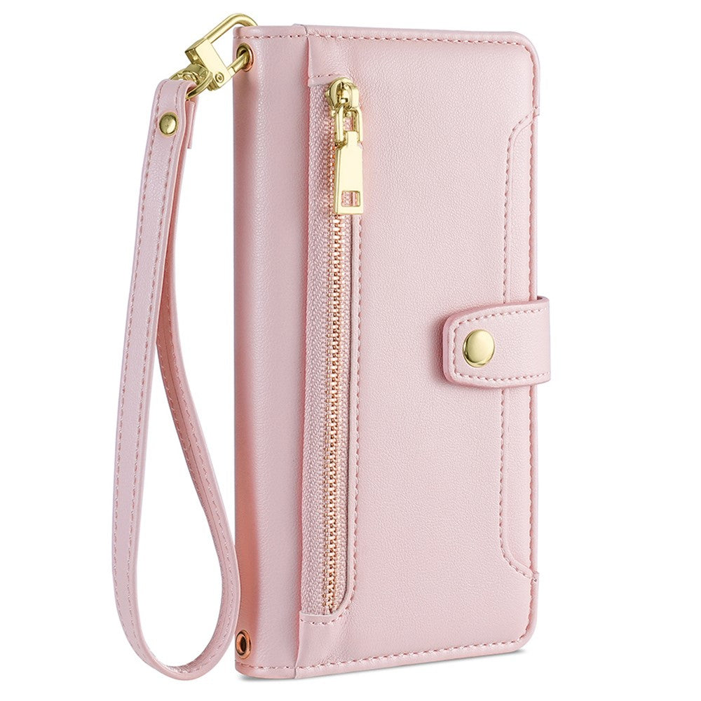 Wallet Cover for Huawei P60 / P60 Pro Zipper Pocket Anti-Scratch Leather Phone Stand Case with 2 Straps