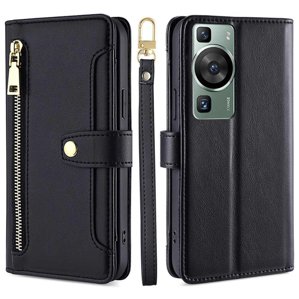 Wallet Cover for Huawei P60 / P60 Pro Zipper Pocket Anti-Scratch Leather Phone Stand Case with 2 Straps