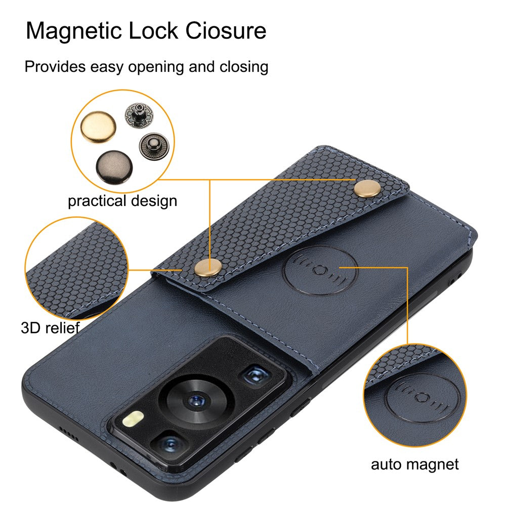 For Huawei P60 / P60 Pro Kickstand Case Card Holder PU Leather Coated TPU Phone Case with Car Mount Metal Sheet