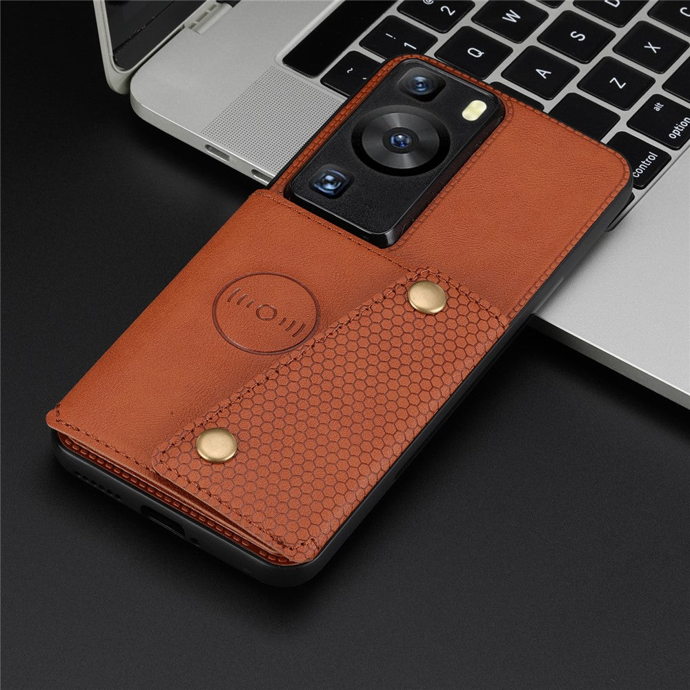 For Huawei P60 / P60 Pro Kickstand Case Card Holder PU Leather Coated TPU Phone Case with Car Mount Metal Sheet