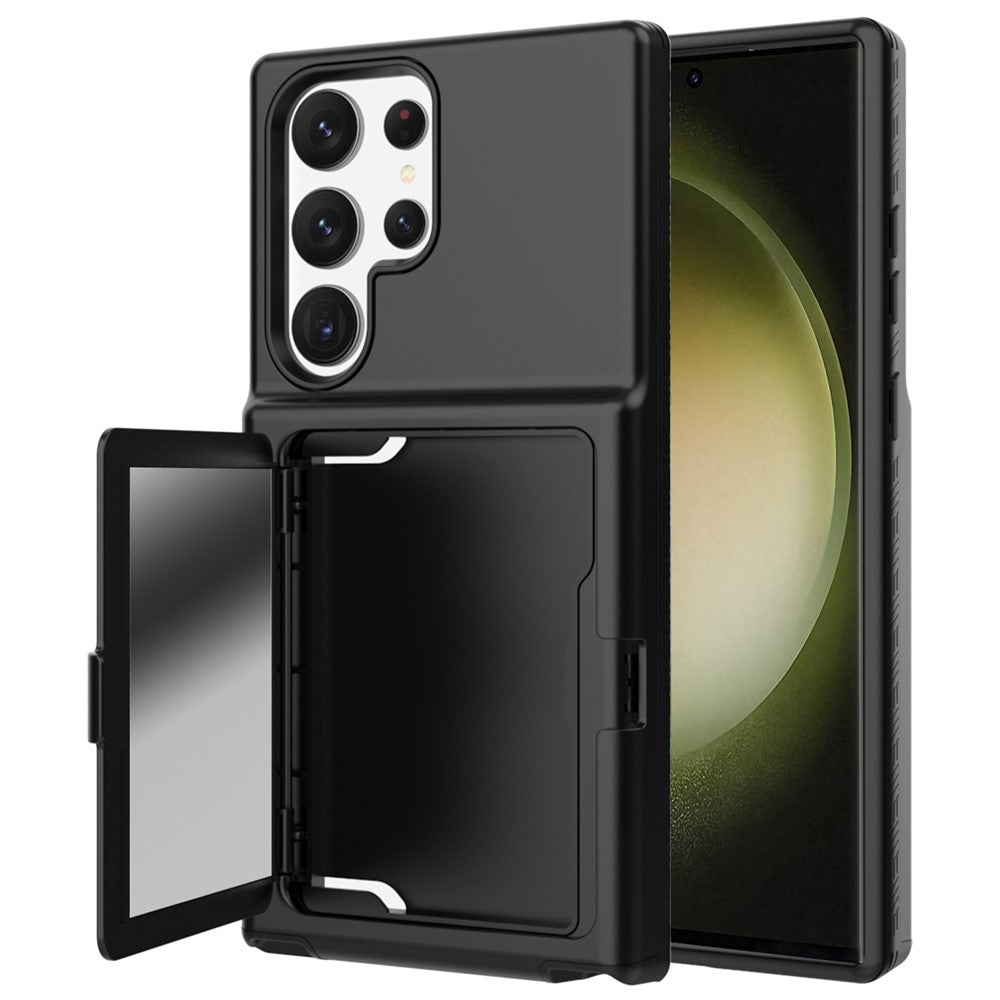 Samsung Galaxy S23 Ultra Cardcase-serien PC + TPU-mobilskal Spegeldesign Korthållare Stativ Förtjockat Skydd