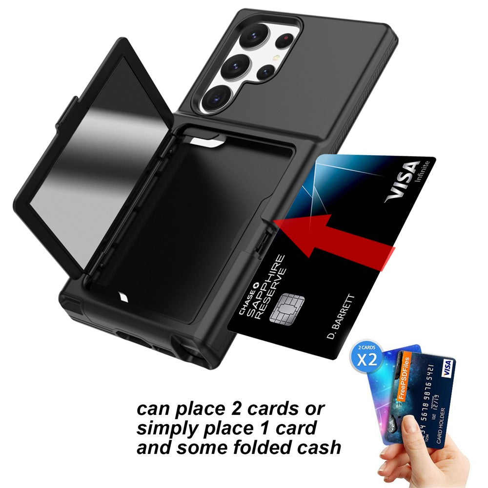 Samsung Galaxy S23 Ultra Cardcase-serien PC + TPU-mobilskal Spegeldesign Korthållare Stativ Förtjockat Skydd
