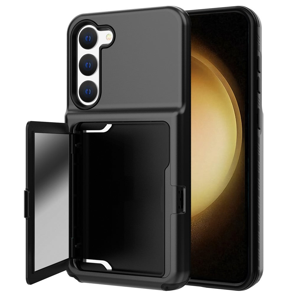 For Samsung Galaxy S23 Cardcase Series Card Holder Thick Phone Case Kickstand Mirror Function PC + TPU Cover