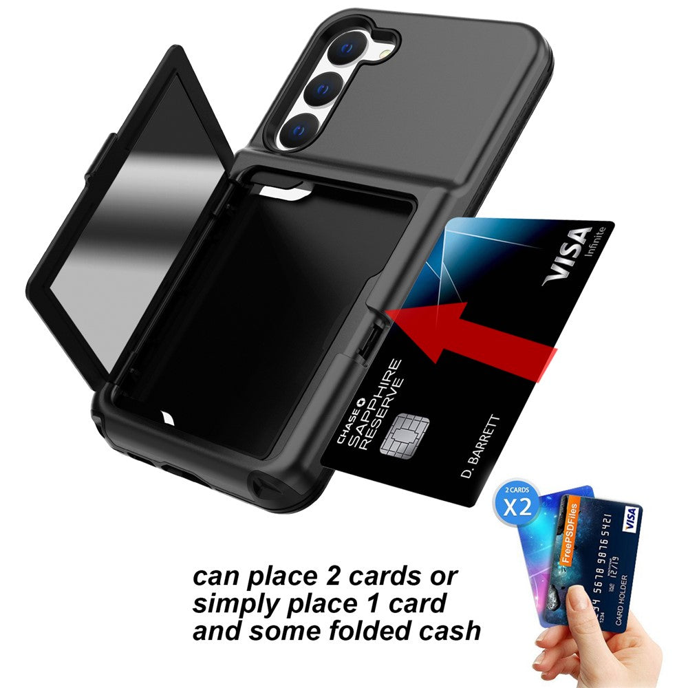 For Samsung Galaxy S23 Cardcase Series Card Holder Thick Phone Case Kickstand Mirror Function PC + TPU Cover