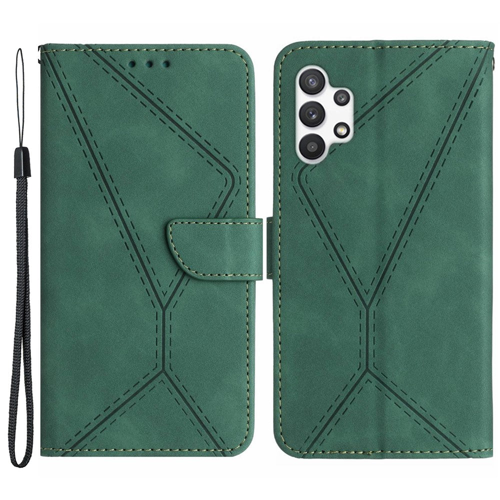 HT05 PU Leather Case for Samsung Galaxy A32 4G (EU Version) Imprinted Line Wallet Stand Skin-touch Cover