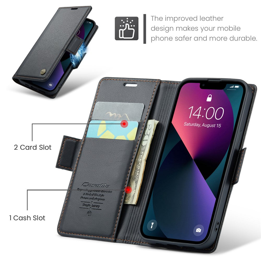 CASEME 023 Series til iPhone 13 mini 5.4 tommer RFID-blokerende lædercover Litchi tekstur Flip Stand Pung Telefoncover